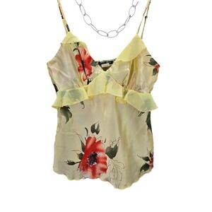Vtg Ben Lynn Yellow Floral Poppy Satin Sheer Babydoll Ruffle Cami Top Y2K S